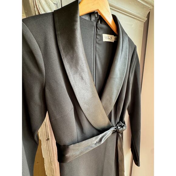 Eliza J Dress Sz 6 Black Satin Trim Wrap Evening Gown Long Sleeve Formal NWOT - Picture 10 of 16